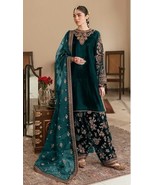 Trendy Womens Green Embroidery Work Velvet Stitched kurti pant with dupatta - $89.99