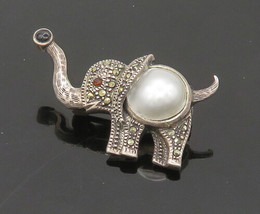 925 Sterling Silver - Vintage Pearl &amp; Black Onyx Elephant Brooch Pin - BP8061 - £27.96 GBP