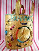 Awesome Vintage Bahamas Woven Raffia Straw Bag Jumbo Tote or Beach Bag w/Florals - £25.58 GBP