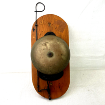 Antique J BARTON Brass Door Bell Manual Call Gong Cast Iron Base on Wood VIDEO - £19.07 GBP