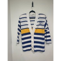 Vintage Ivory Blue Yellow White Stripe Cardigan Big Button Y2K 80s Nautical - $19.43