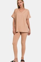 Zenana Full Size V-Neck Rolled Short Sleeve T-Shirt and Leggings Lounge Set - $31.62