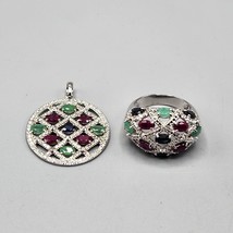 Sterling Silver Lattice Ring &amp; Pendant Set Pink Green Stone Accents B925... - £45.53 GBP