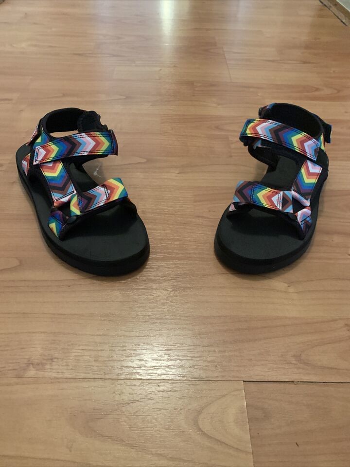 Primary image for Take Pride x Target Adult Sandals Slip On Black Striped Rainbow Size W 7/M 5