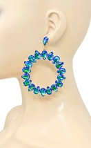 3.75" Long Iridescent Peacock Blue Crystal Hoop Earrings Pageant Drag Queen  - $21.85