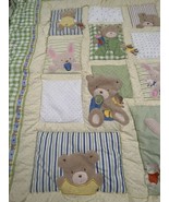 Carters &quot;Just One Year&quot; Bear Bunny Pacifier Crib Quilt Blanket Green/Whi... - £35.61 GBP