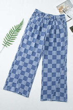 Dusk Blue Checkered Denim Wide Leg Jeans - £37.60 GBP