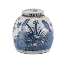 Blue &amp; White Vintage Ming Jar Plum Lily Pad Motif - Small - £143.21 GBP
