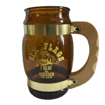 Six Flags Atlanta Souvenir Amber Barrel Glass Beer Mug Wood Handle Vintage - $16.99