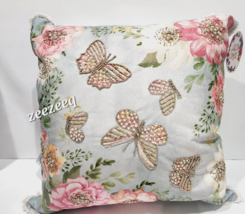 Shabby Chic Pink Floral Beaded Butterfly Decorative Pillow NEW 18&quot;x18&quot; - £44.20 GBP