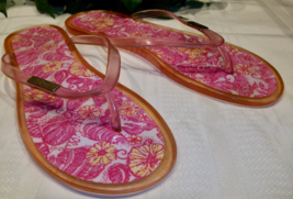 Lilly Pulitzer Flip Flops Thongs Jelly Sandals Pink Fish Shell Floral 10 - £18.98 GBP