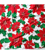 Christmas Cotton Fabric 19&quot; x 58&quot; Red Poinsettia Holly Metallic Outline ... - £2.72 GBP