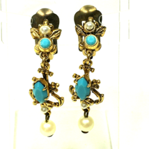 Vintage Art Deco Austria Blue Glass &amp; Faux Pearls Gold Tone Clip Earring... - £15.02 GBP