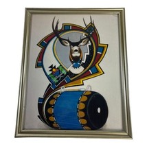 Southwest Native American Elk Deer Buck Drum Print Picture Framed 8.75x10.75 VTG - £25.22 GBP