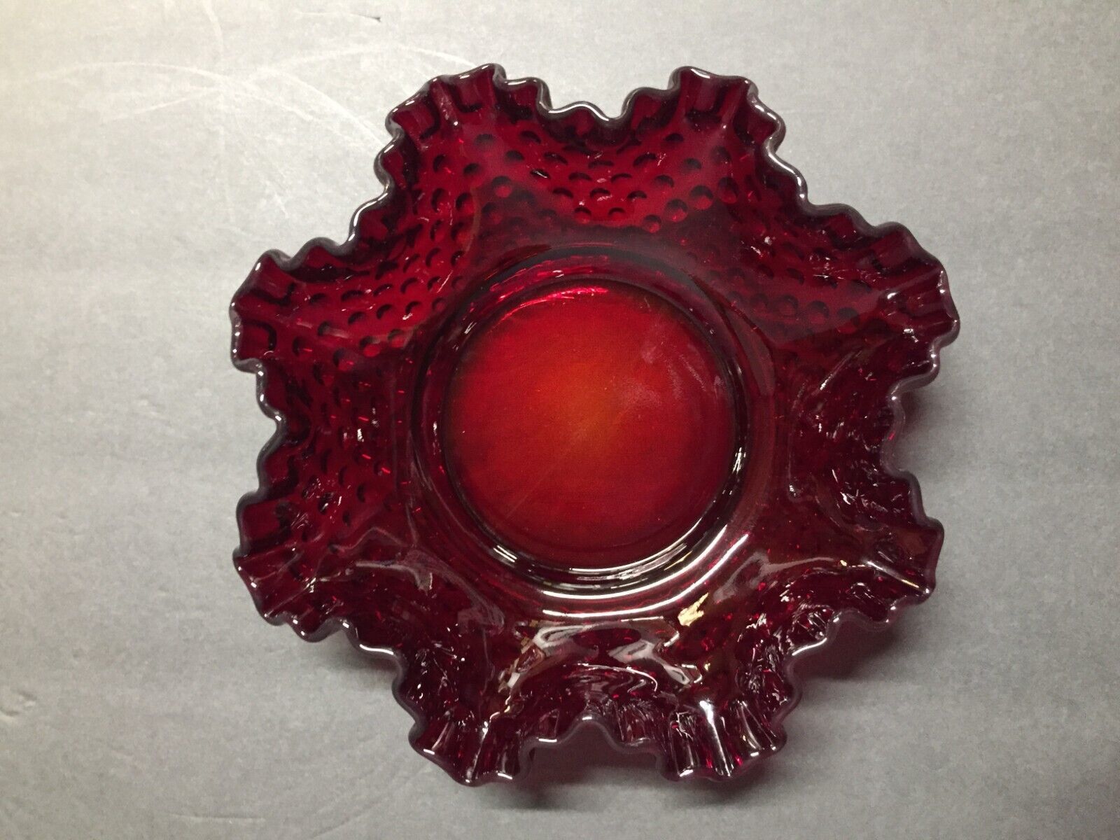 Vintage Fenton Ruby Red Candy or Nut Dish Bowl Ruffled Hobnail Crimped Cranberry - £17.02 GBP