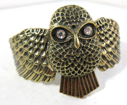 Owl Large Wide Cuff Bracelet Bangle Hinged Gold Patina Rhinestone Eyes Chunky - £15.57 GBP