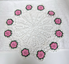 Handmade Grandma Core Crochet Pink Rosey &amp; Green Floral Doily 15" - $12.38