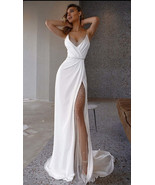 White Mermaid Wedding Dresses Soft Satin Beach Bridal Gowns V - £130.12 GBP