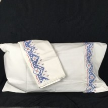 Blue Red Cross-Stitch Embroidered White Pillowcases Vintage 1 Pair Cottagecore - £29.56 GBP