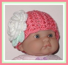 Coral Baby Hat Newborn Girls White Flower With Mint Green Leaves - $11.00