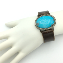 REBEL DESIGNS vtg turquoise cabochon bracelet - adjustable brown leather band - £95.62 GBP