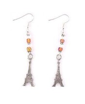 Earrings Eiffel Tower Charms Brown White Beads Sterling Hooks 2&quot; Long - $10.00
