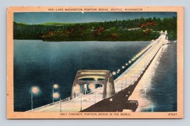 Night View Lake Washington Floating Bridge Seattle WA UNP Linen Postcard J17 - £3.06 GBP
