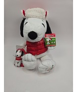 Macy&#39;s Holiday Snoopy Red Bomber Vest Christmas Plush w/Belle Backpack C... - $23.99