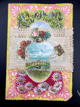 Antique Victorian Valentine Die Cut 3D Tiered Greeting Card Ornate Forget Me Not - £17.47 GBP