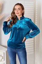 Double Take Notched Neck Buttoned Long Sleeve Blouse - £29.39 GBP