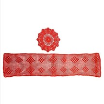 Set of 2 Doily Mat Round Rectangular Red Crochet Cotton Lace Vintage 30&quot; x 7&quot; - £15.80 GBP