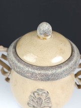 VTG Studio Art Pottery Earth Tones Speckled Matte Ginger Jar W Lid Metal Handles - £19.80 GBP