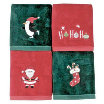Christmas Fingertip Towels Set of 4 Embroidered Santa Stocking Penguin 18X11&quot; - £38.27 GBP