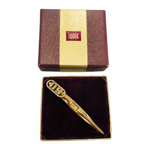 Primary image for Swank Vintage DS Monogram Men’s Pointed Tie Pin Clip Brass Boxed