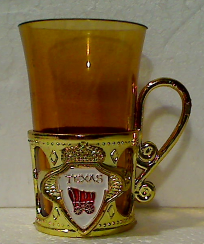 Vintage 1960&#39;s Texas Covered Wagon Amber Shot Glass &amp; Holder Very Souvenir - $5.00