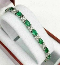 10CT Oval Simulated Green Emerald&amp;Diamond Tennis Bracelet 14K White Gold Plated - £155.03 GBP