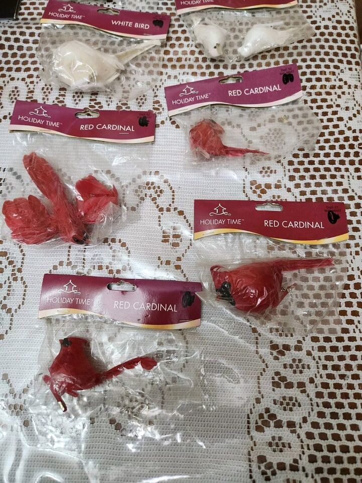 Cotton Feathered Cardinal Red Bird And White Bird Lot Of 10 New Pkgs Item image 3
