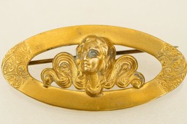 Vintage Costume Jewelry Art Nouveau Cameo Lady Brass Oval Brooch Pin - £27.86 GBP