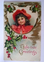Christmas Postcard Embossed Girl Red Hat Coat Yuletide Poinsettias Germany 1911 - £9.66 GBP