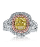 GIA 2.64Ct Cushion Cut Fancy Vivid Yellow Diamond Engagement Halo Ring 1... - £8,973.29 GBP