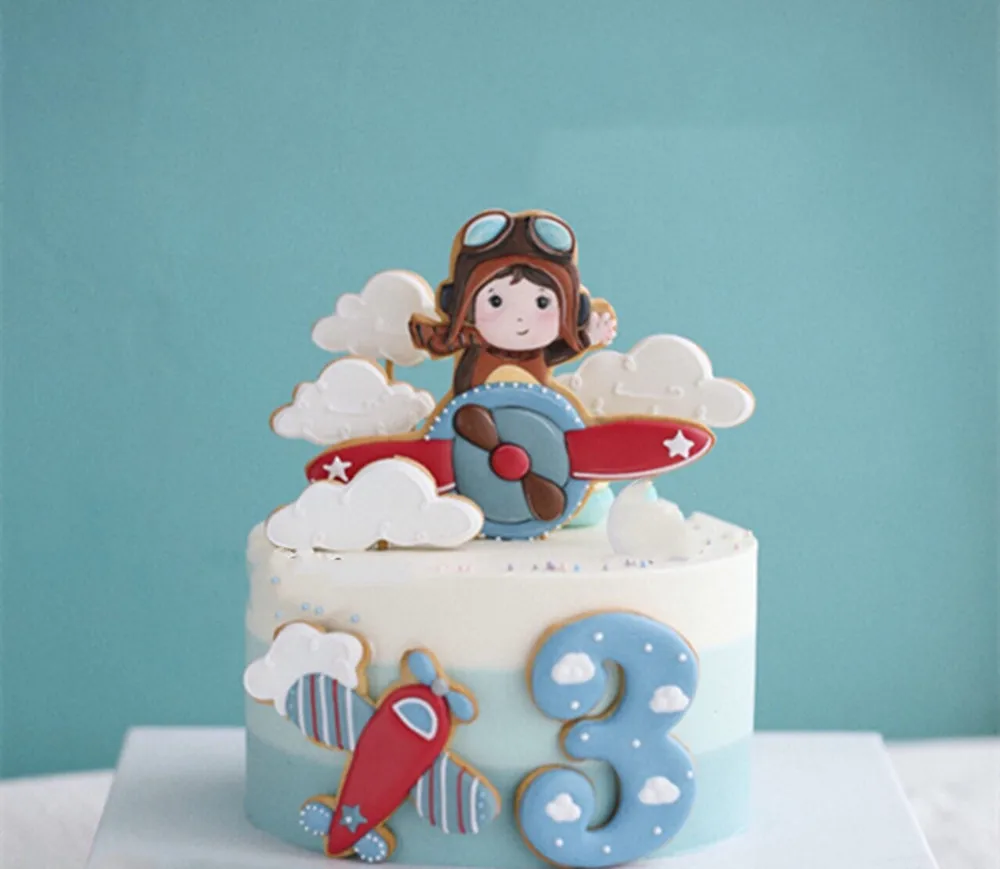 Play Aviator Cake Topper Boy Astronaut Soft Pottery Airplane Cloud Hair Ball Ins - £23.18 GBP