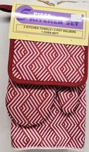 5pc Set:2 Pot holders,2 Microfiber Towels,1 Oven Mitt,RED &amp; WHITE ZIGZAG... - £11.68 GBP