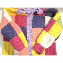 Handmade Crochet Patchwork Coral Button Down Sweater Jacket Pink Purple Yellow - £137.60 GBP