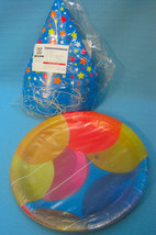 Party Plates &amp; Hats Balloons &amp; Stars Design Paper Blue Red Yellow Bright Color - £11.25 GBP