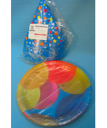Party Plates &amp; Hats Balloons &amp; Stars Design Paper Blue Red Yellow Bright... - £11.18 GBP