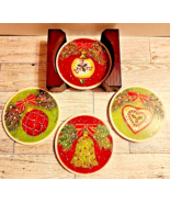 4 Christmas Coasters in Wooden Box Decorative Holiday Cork Bottoms - £22.06 GBP