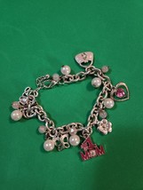 Vintage Silver Tone Charm Bracelet Pink Enamel Charms Handbag Butterfly ... - $25.34 CAD