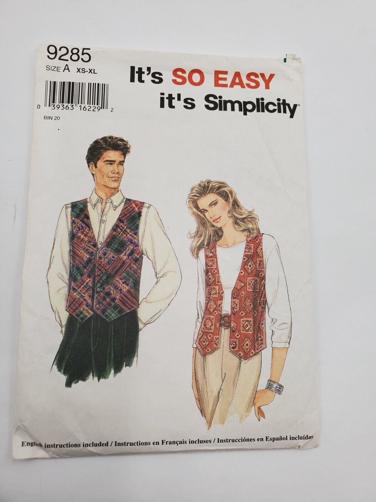Simplicity 9285 Misses' Mens' Teens Vest with Lining Sizes XS-S-M-L-XL Vtg Cut - $7.88