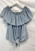 Express Baby Blue Peasant Style Blouse Top Tie Front Ruffle Cotton Lyocell L - £15.75 GBP