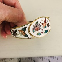 Vintage Cloisonné Butterfly Bracelet Flower White Enamel Hinged 80s - £11.14 GBP